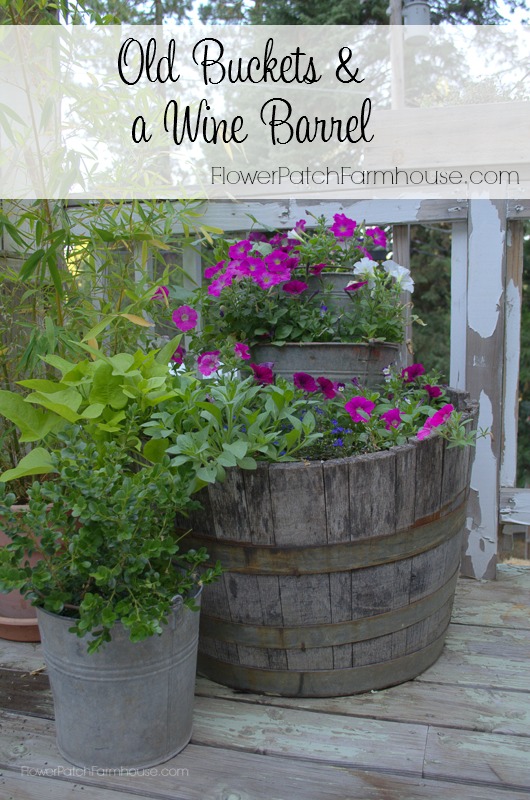 Old Buckets & a Wine Barrel FlowerPatchFarmhouse