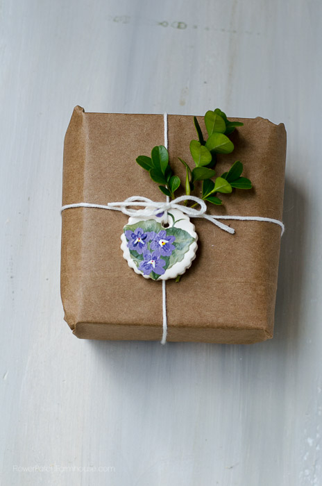 Hand Painted clay gift tags, violets, FlowerPatchFarmhouse.com