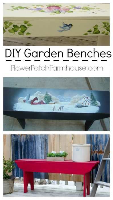 DIY Garden Benches Hand Painted, link to plans and to painting tutorials, FlowerPatchFarmhouse.com