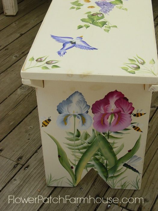DIY Hand Painted Birds and Bees Garden Bench, FlowerPatchFarmhouse.com
