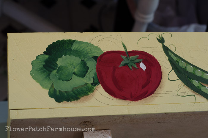 Veggie paintings on DIY herb planter, FlowerPatchFarmhouse.com