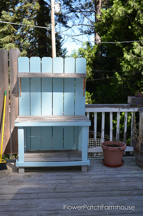 DIY Potting Bench Refresh with Waverly Chalk paint in Pool Blue