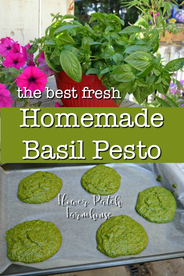 collage with basil leaves and pesto mounds on cookie sheet with text overlay, homemade basil pesto, Flower Patch Farmhouse