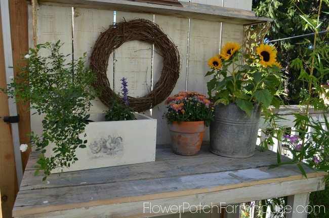 Potting Bench Decorated for Fall still no Mantel