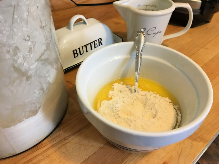 Adding dry ingredients to home made waffles