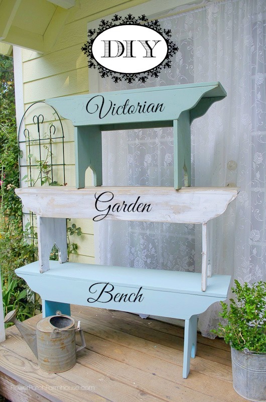 # DIY benches stacked on each other with text overlay, DIY Farmhouse Bench, Flower Patch Farmhouse