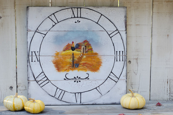 I hand painted a faux vintage Fall clock with an outhouse, roosters and hens. Just a fun piece for anyone who loves anything vintage and chickens.