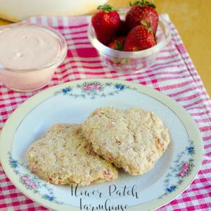 heart shaped scones with text overlay, Delicious Strawberry cream scones, Flower Patch Farmhouse