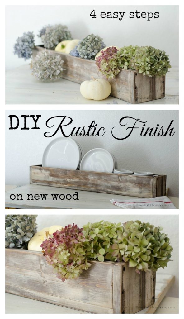 Wood box centerpiece with dried hydrangeas and dishes, DIY Rustic Finish on New Wood in 4 Easy steps, FlowerPatchFarmhouse.com