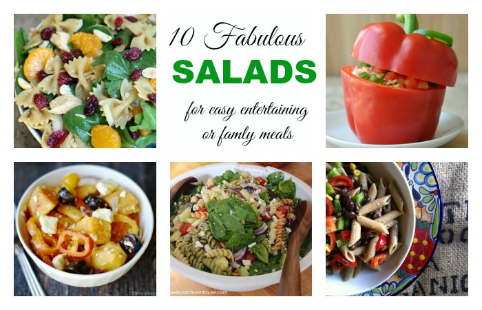 A round up of 10 Fabulous Salad recipes for easy entertaining or family meals, FlowerPatchFarmhouse.com