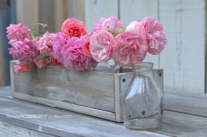 Luscious pink roses in vintage style crate box, FlowerPatchFarmhouse.com