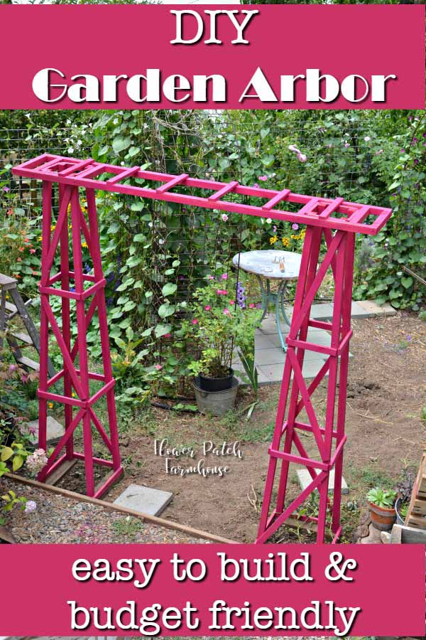 DIY garden arbor made from obelisks, with text overlay, DIY Garden arbor, easy to build and budget friendly, Flower Patch Farmhouse