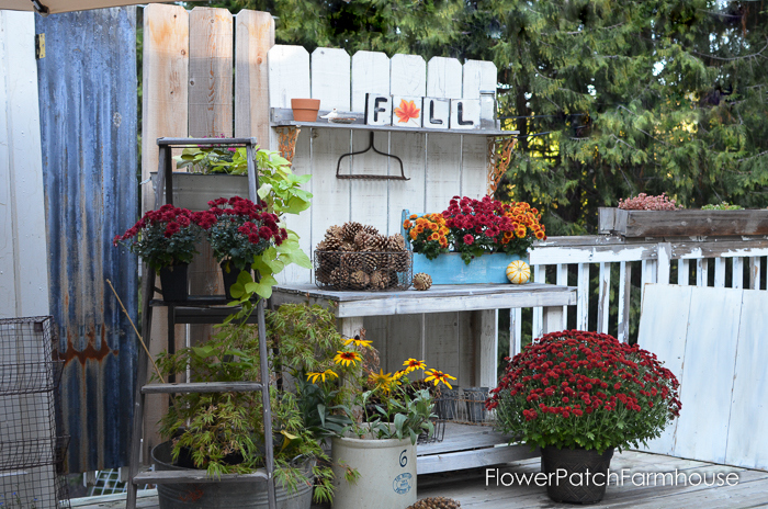 Fall Potting Bench dressed up for the season, Autumn decor and diy projects galore! FlowerPatchFarmhouse.com