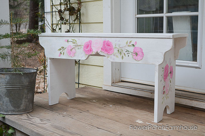 DIY farmhouse bench with roses painted on it, How to Build a Sweetheart Bench