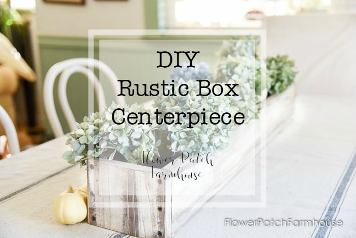 DIY rustic box centerpiece with Hydrangeas and text overlay