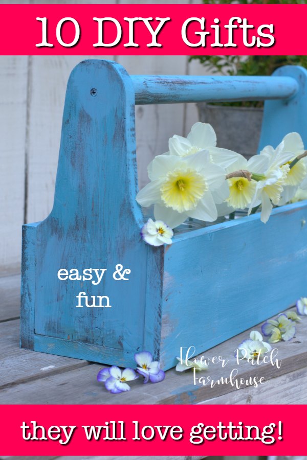 blue diy tool box with daffodils and text overlay, flower patch farmhouse