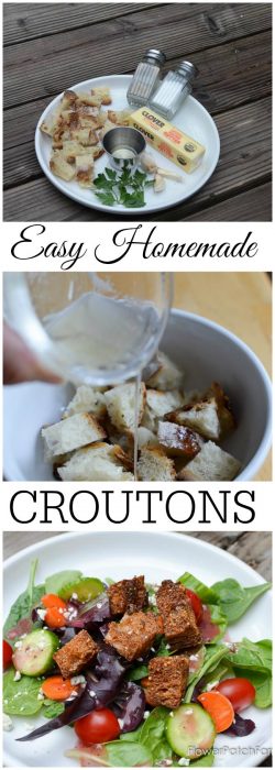 Easy and delicious homemade croutons. So tasty and worth the small effort to make them up. They store in a sealed container for a week or so. 