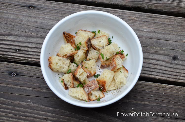 Easy and delicious homemade croutons. So tasty and worth the small effort to make them up. They store in a sealed container for a week or so. 