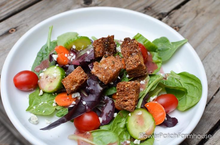 Easy and delicious homemade croutons. So tasty and worth the small effort to make them up. They store in a sealed container for a week or so.