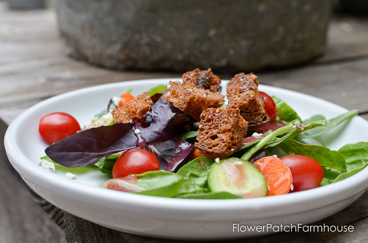 Easy and delicious homemade croutons. So tasty and worth the small effort to make them up. They store in a sealed container for a week or so. 