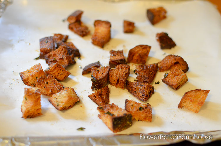 Easy and delicious homemade croutons. So tasty and worth the small effort to make them up. They store in a sealed container for a week or so. 