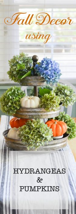 Hydrangeas and Pumpkins for Fall. Natural elements that are subtle yet so beautiful. Inexpensive way to bring Fall into your decor.