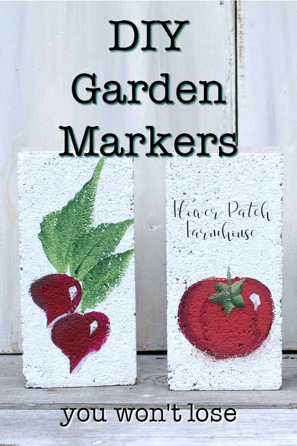brick painted with radishes and tomatoes with text overlay, DIY Garden Markers, you can't lose, Flower Patch Farmhouse