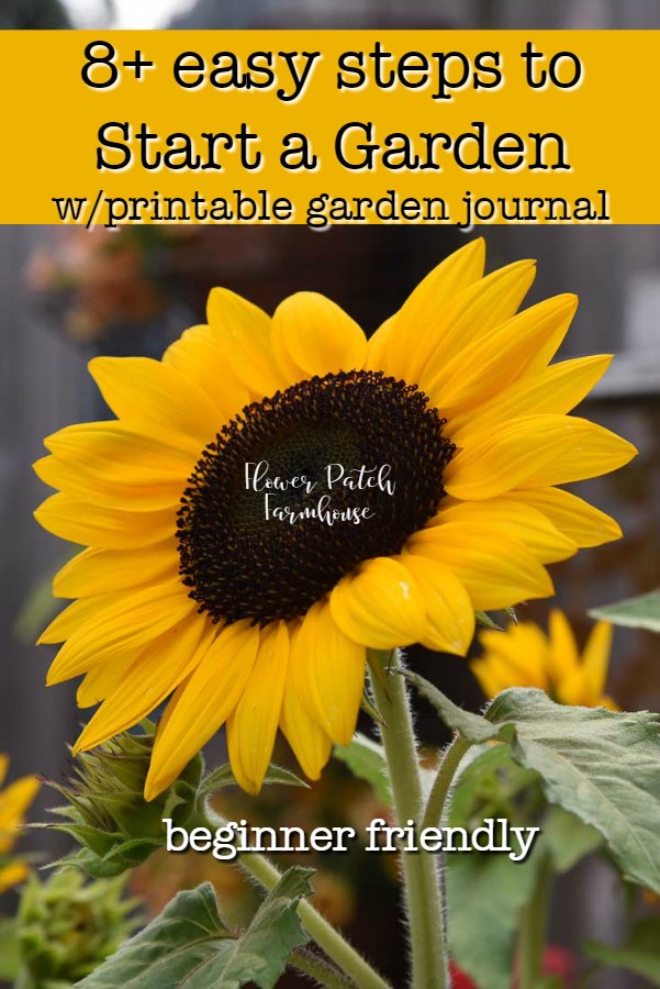 large sunflower with text overlay, start an easy garden flowerpatchfarmhouse.com