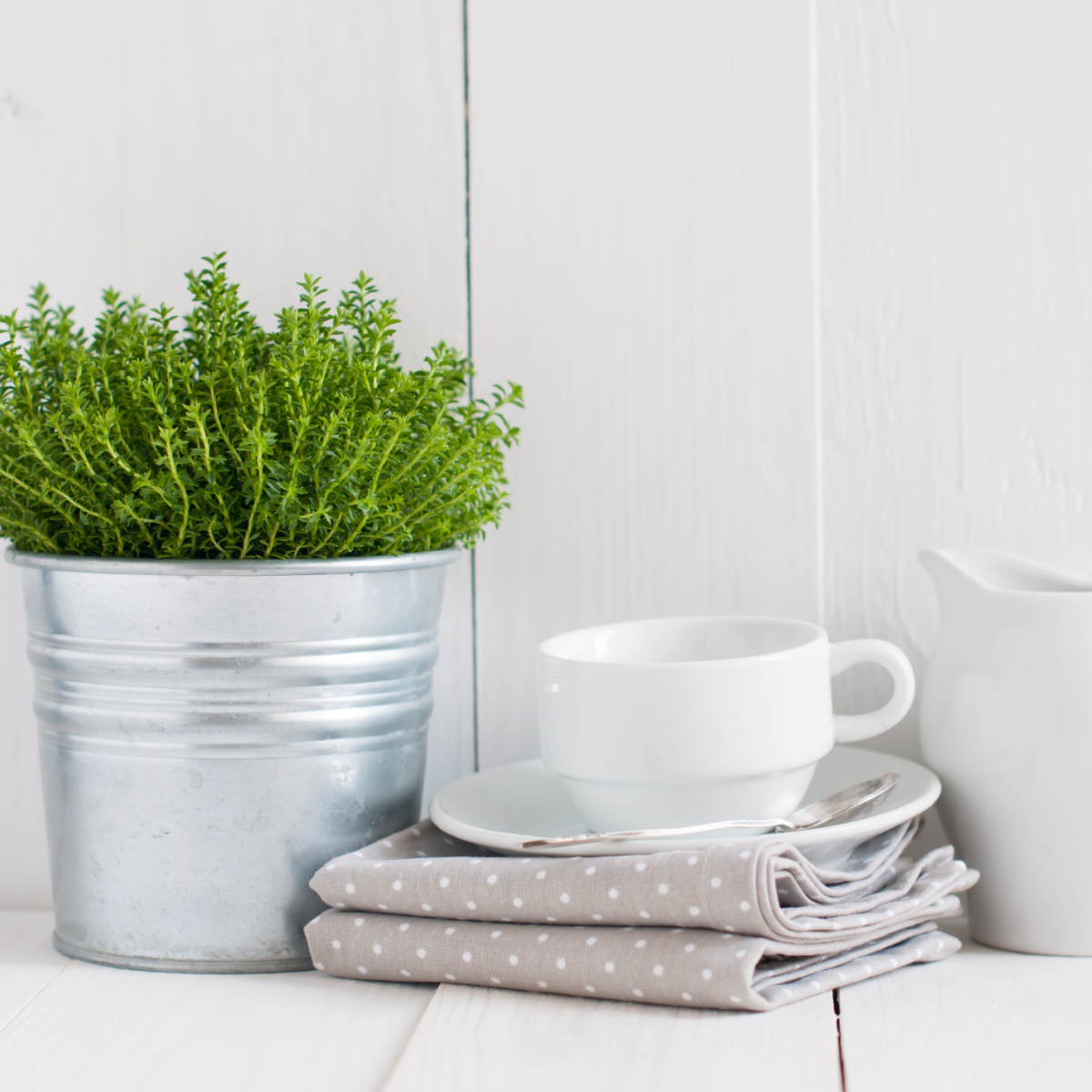 white coffee cup sitting on folded taupe dishtowels next to a metal bucket filled with herbs against a white background