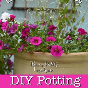 crock with pink calibrachoa with text overlay, easy DIY potting soil, Flower Patch Farmhouse