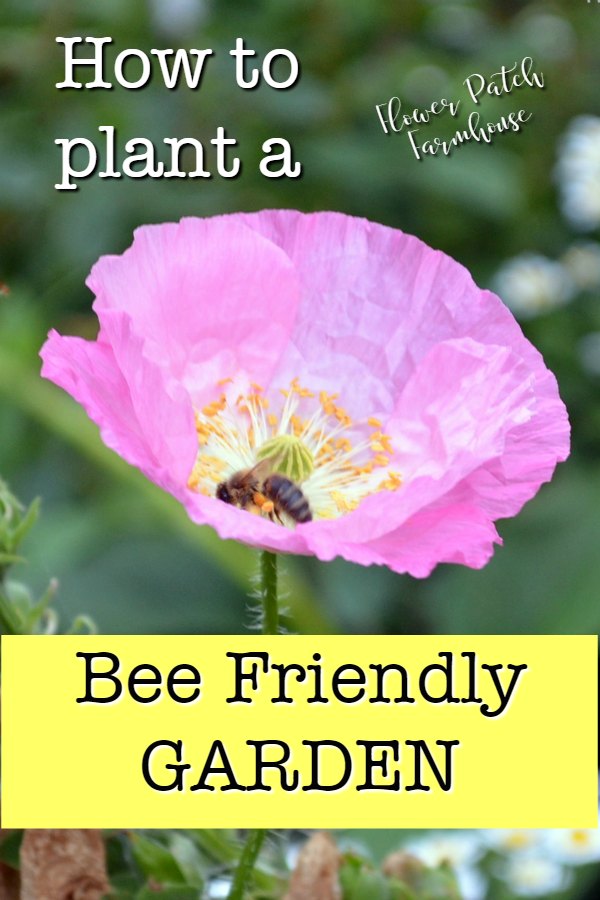 pink poppy with bee and text overlay, How to Plant a bee friendly garden, Flower Patch Farmhouse