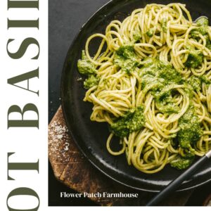 a bowl of pesto fettucine on a wood surface, text overlay reads: Got Basil? Make this unique yet easy pesto everyone will love! Flower Patch Farmhouse