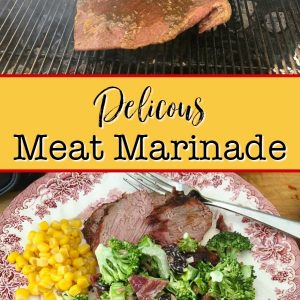 tri top roast on grill and on plate with vegetables, text overlay, Delicious Meat Marinade, Flower Patch Farmhouse