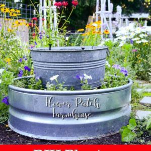 Galvanized fire ring and tub turned into a planter with solar fountain, text overlay, DIY planter with solar fountain, Flower Patch Farmhouse