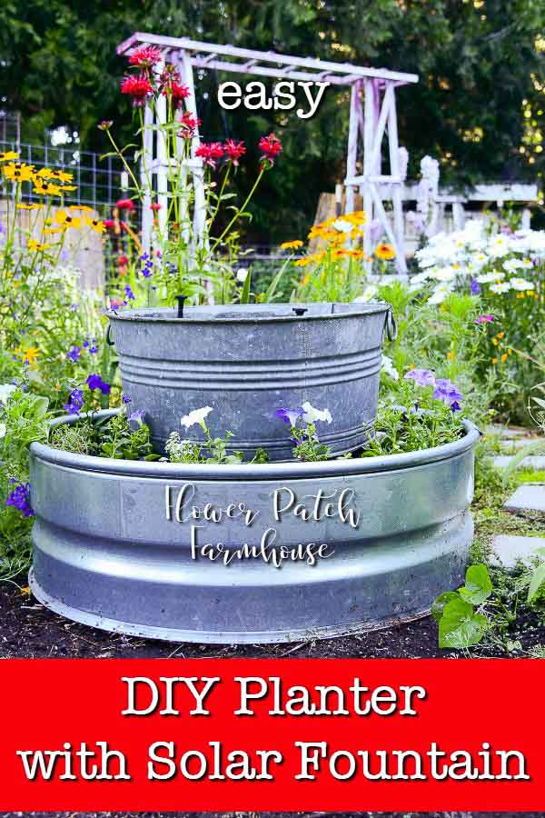 Galvanized fire ring and tub turned into a planter with solar fountain, text overlay, DIY planter with solar fountain, Flower Patch Farmhouse