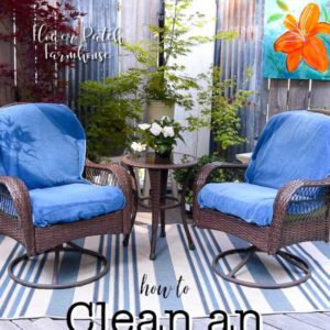 blue striped outdoor rug with chairs and text overlay, quickly and easily how to clean your outdoor rug, Flower Patch Farmhouse