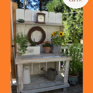 Orange frame around photo of a diy potting bench decorated with flowers