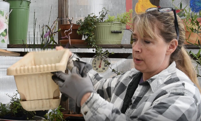 Pam holding self watering window box for a Container Vegetable Garden