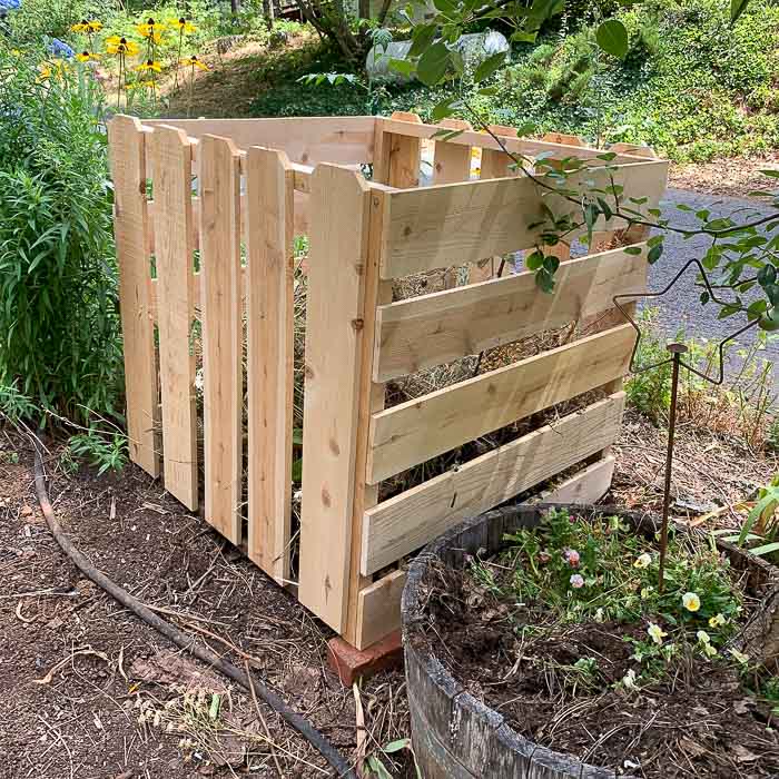 side view of diy compost bin from cedar fence boards