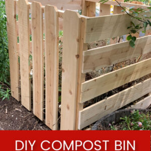 cedar fence board compost Bin with text overlay, DIY Compost Bin you can build, easy, flower patch farmhouse dot com