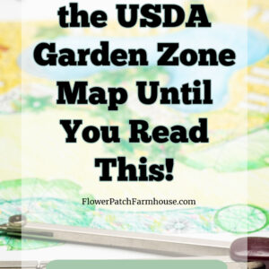 garden plan with caption overlaid that reads: stop using the usda garden zone map until you read this! Flower Patch Farmhouse dot com, or risk getting it all wrong!