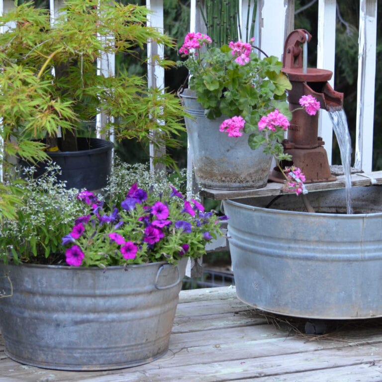 small garden ideas, galvanized tub garden on patio