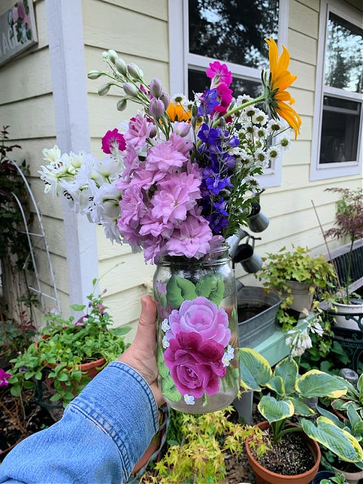 Cut flowers in a hand painted jar, cut flower gardening