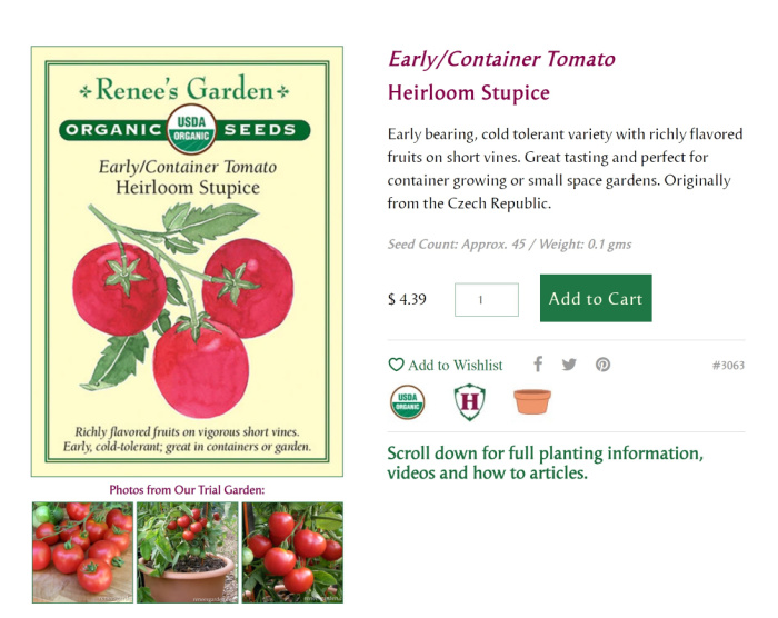 seed packet with information on Stupice tomatoes and photos of field trials