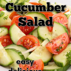 sliced cucumbers, tomatoes and onions on a white plate with text overlay: Tomato Cucumber Salad, easy, delicious, refreshing! Flower Patch Farmhouse dot com