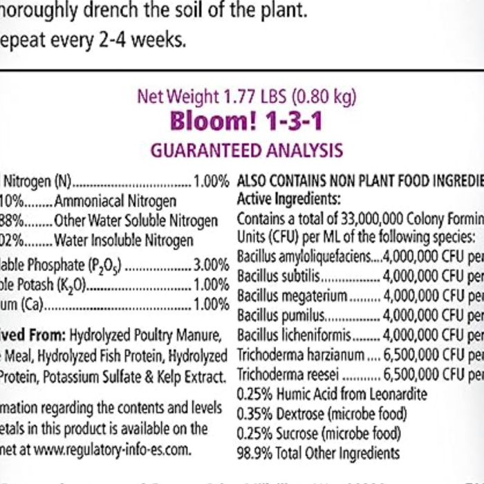 label of a bloom booster fertilizer listing ingredients