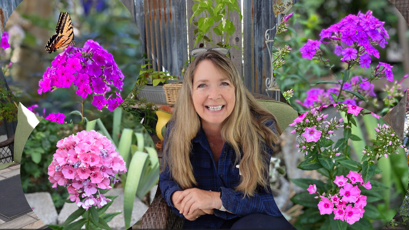 woman smiling surrounded with photos of pink and purple phlox flowers