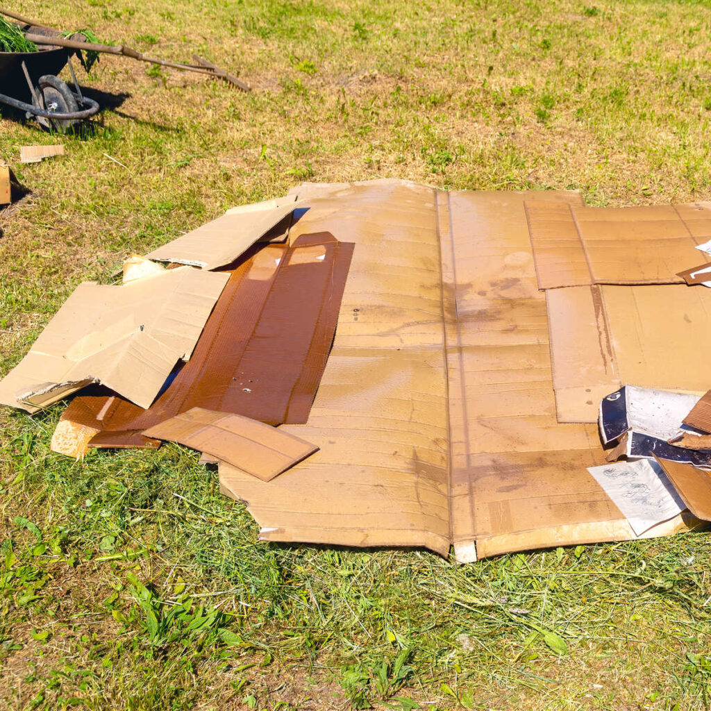 cardboard lying on grass, cardboard in your garden