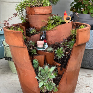 DIY Succulent Fairy garden planted in a broken terracotta pot, text overlay: flower patch farmhouse dot com