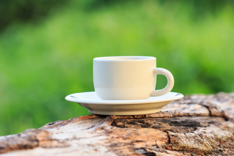 white coffee cup on a log in a garden